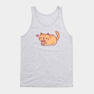 Cute Chubby Orange Tabby Cat Loves Boba Tea Tank Top